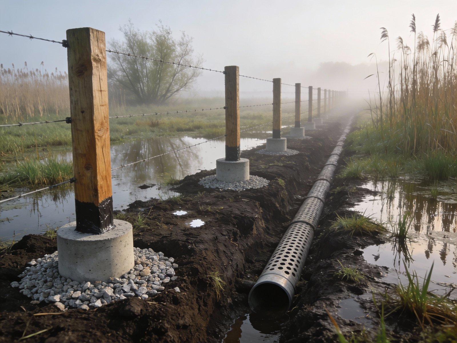 Fence with drainage systems in wet marshy terrain