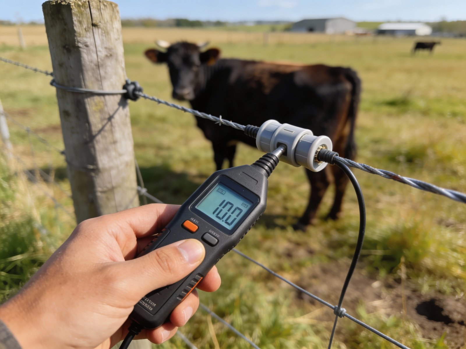 Digital voltage tester measuring electric fence wire voltage in pasture