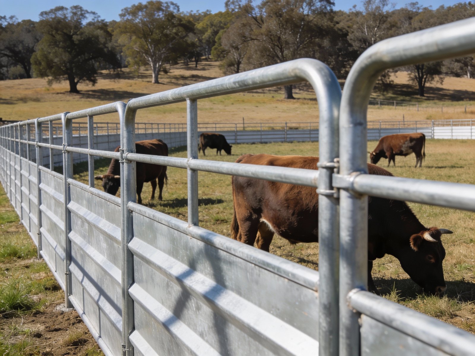 Pipe and panel cattle fencing system with galvanized steel panels in pasture