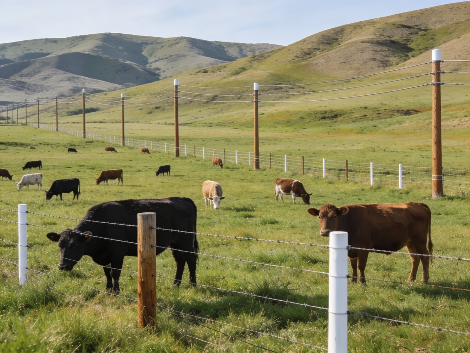 Electric cattle fence system installed on large open pasture with grazing cattle