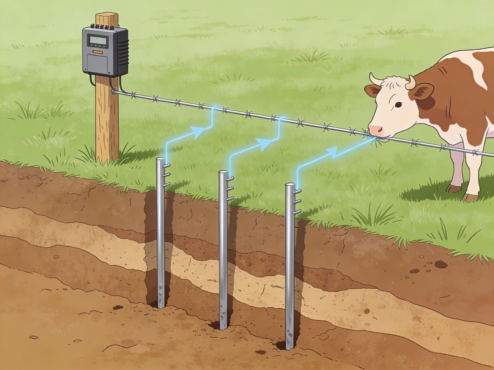 Electric cattle fence system diagram showing energizer, fence line, and grounding circuit