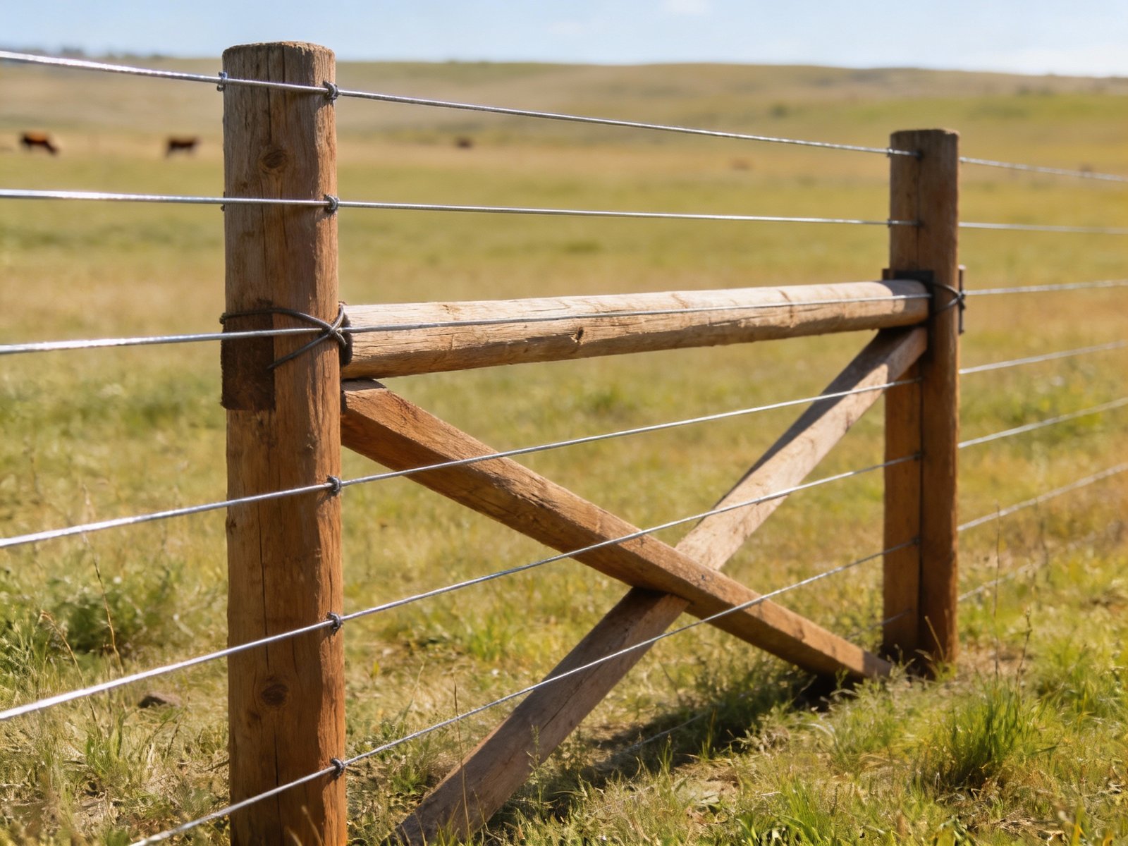 High tensile smooth wire cattle fence with wide post spacing in open pasture