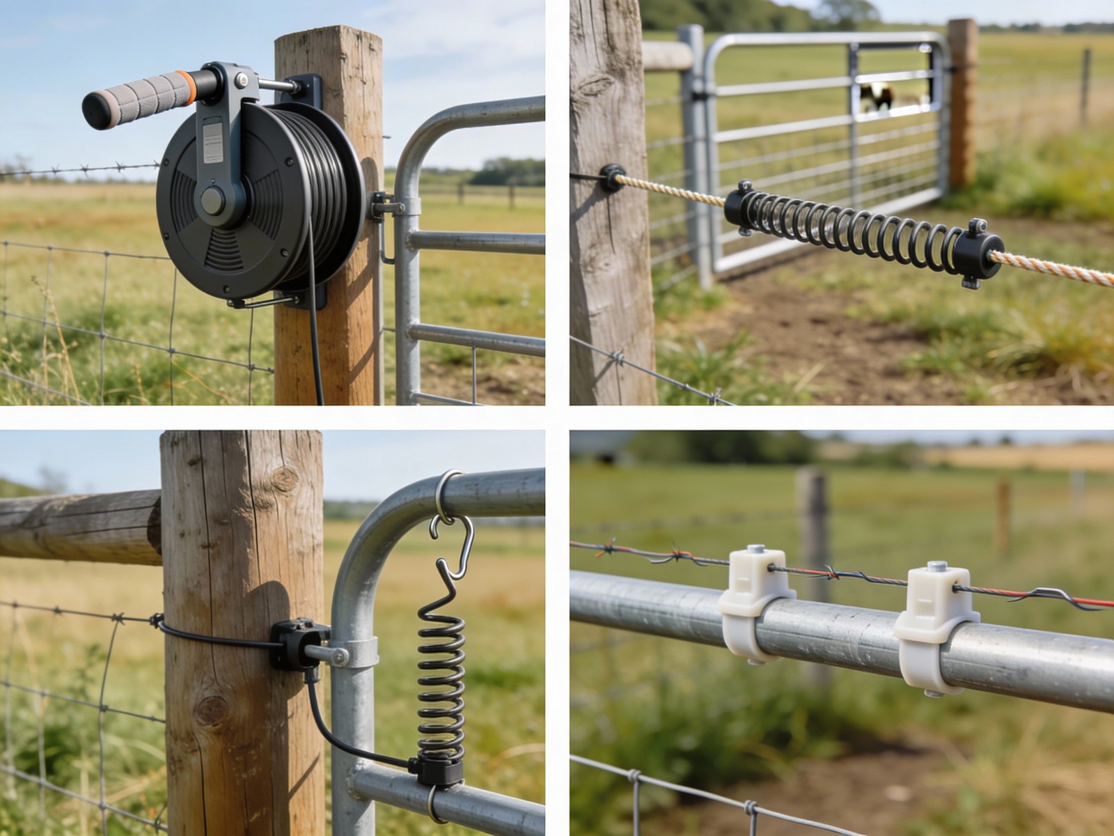 Different types of electric fence gates in practical farm applications