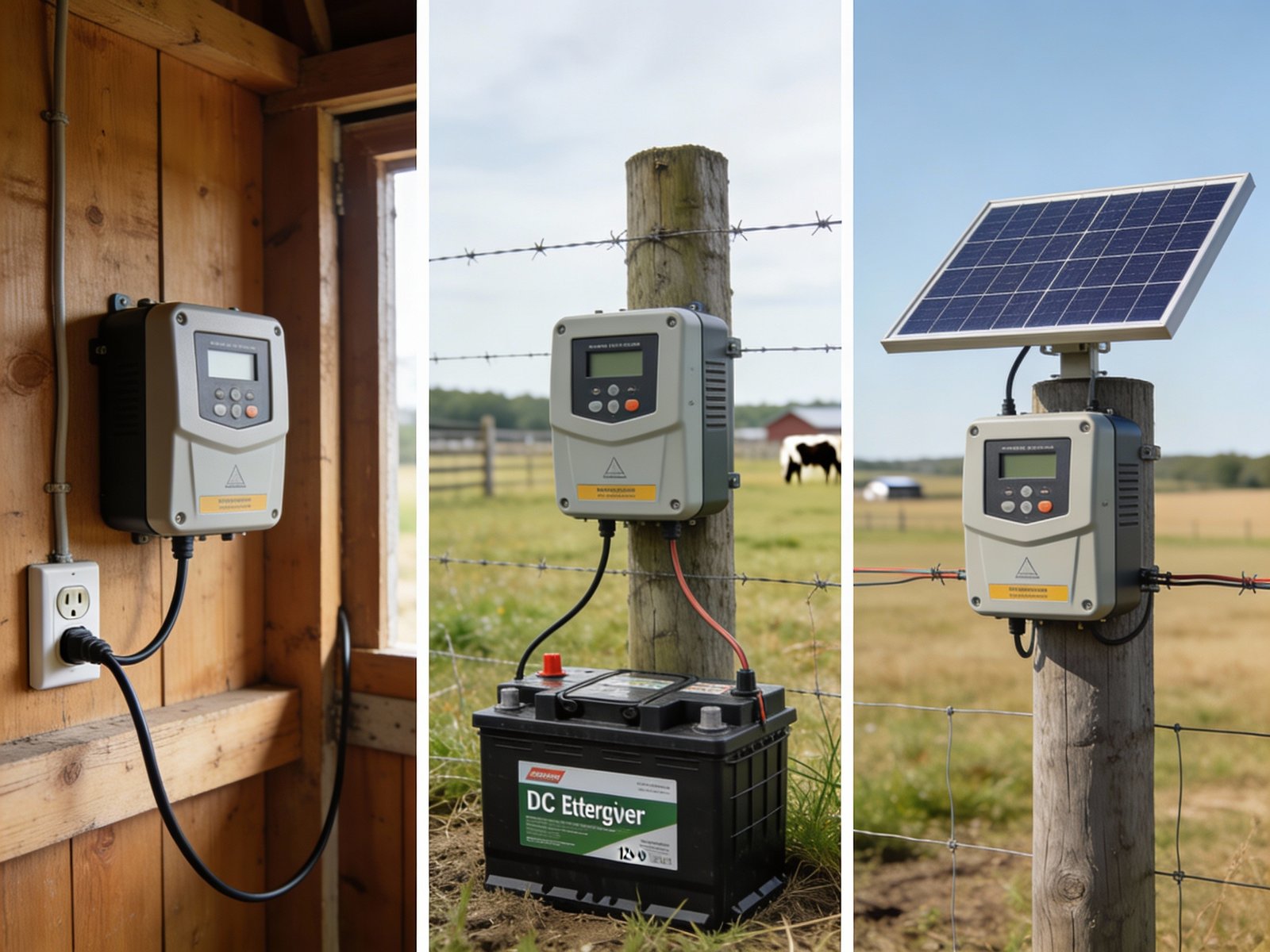 Three electric fence energizer power source configurations in farm settings