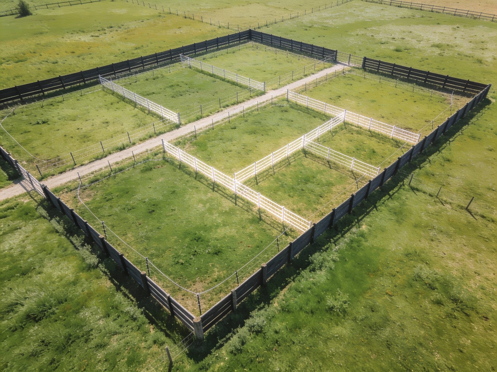 Aerial view of ranch property showing hybrid fencing layout with permanent perimeter and flexible electric internal subdivision for rotational grazing