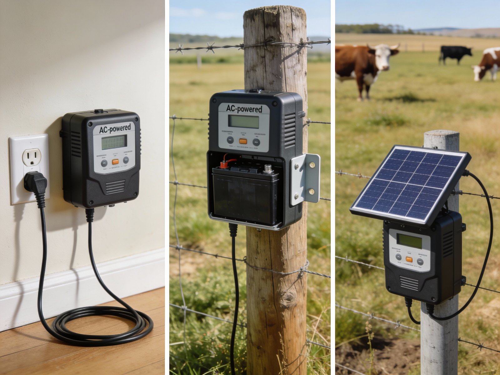 Three types of electric fence energizers side by side: AC-powered unit mounted indoors, battery-powered unit on fence post, solar-powered unit with panel in pasture