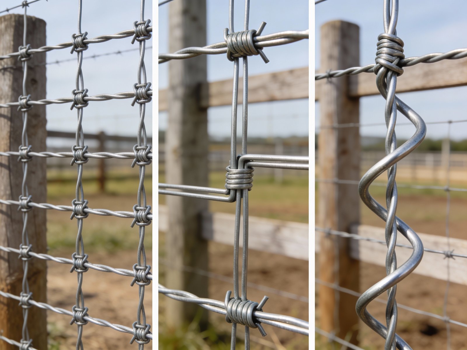 Fixed knot, hinge joint, and s-knot woven wire fence types