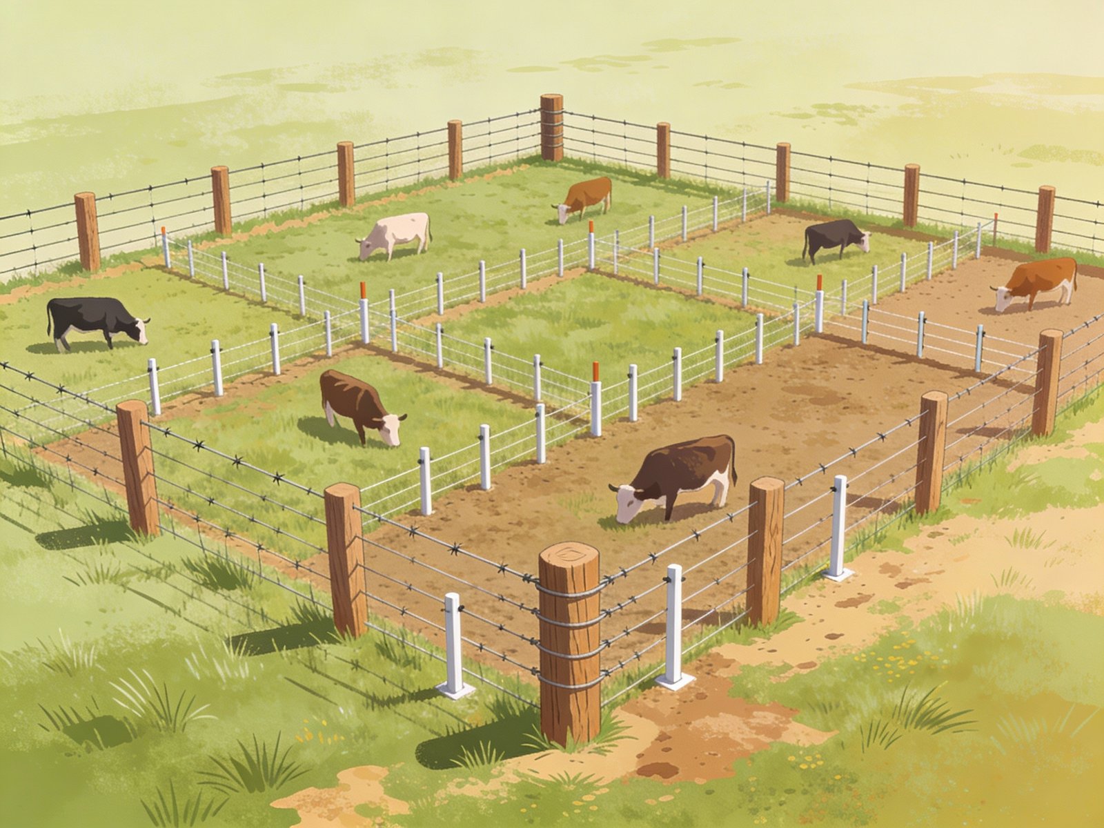 Aerial view of hybrid electric fencing system showing permanent high-tensile fence perimeter with temporary internal paddocks for rotational cattle grazing