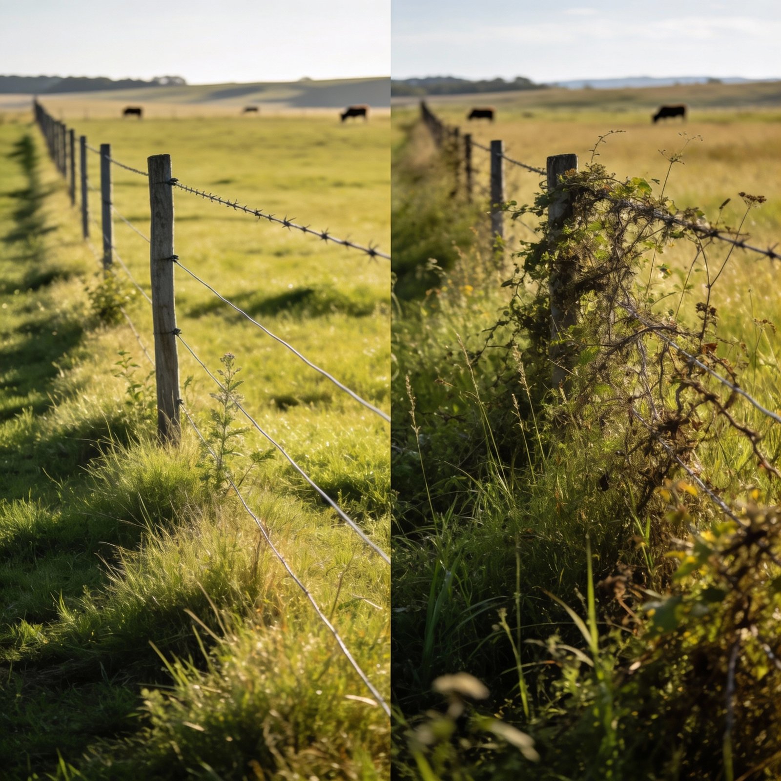Split comparison showing clean fence line with minimal vegetation on left versus heavy vegetation and weeds touching electric fence wire on right