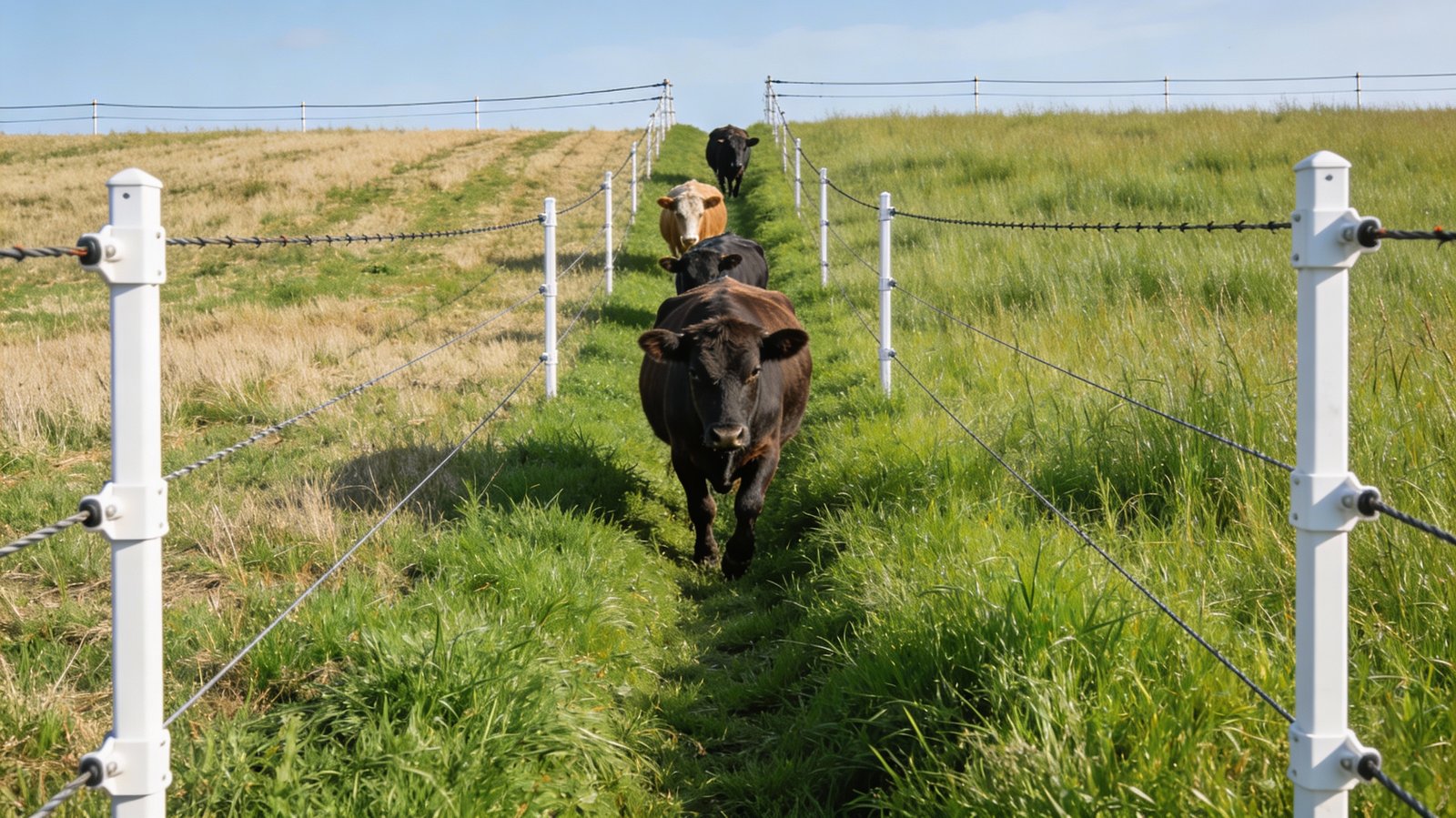 Strip grazing system using temporary electric fencing for rotational pasture management