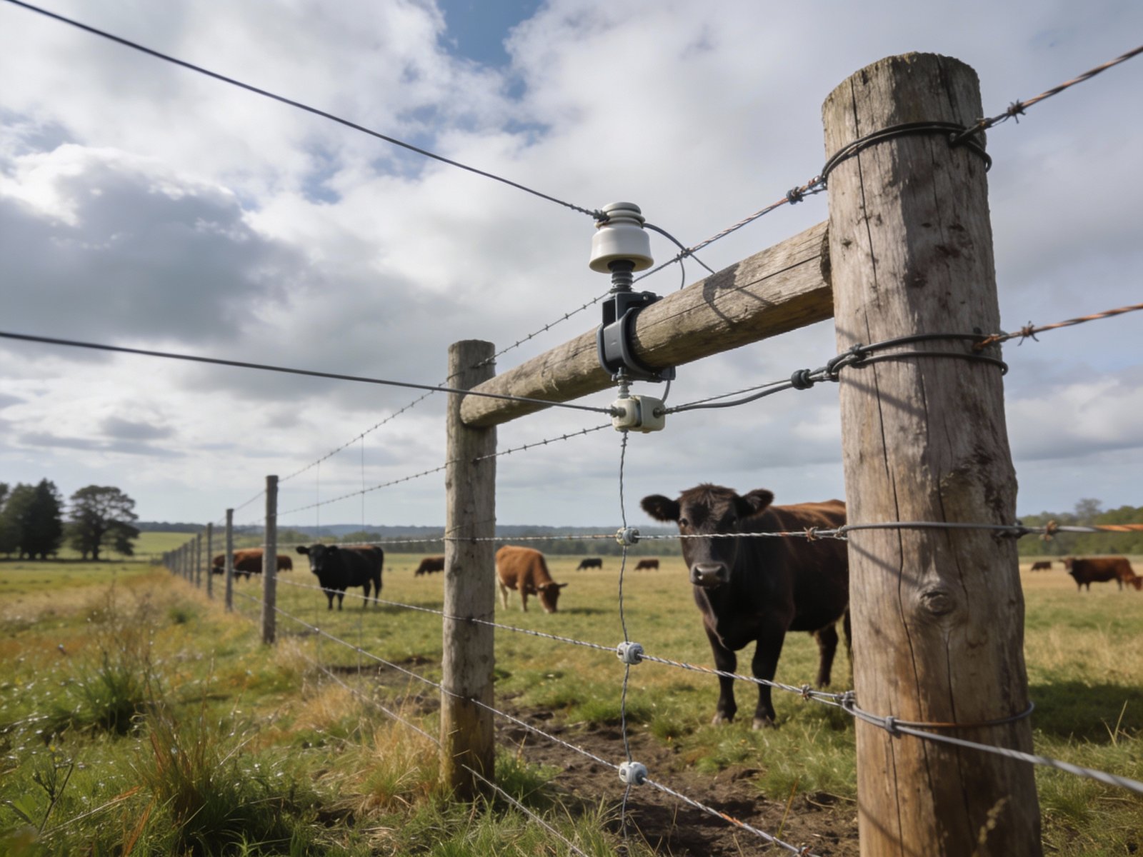 Electric fencing system for cattle in open pasture with visible hot wire and posts