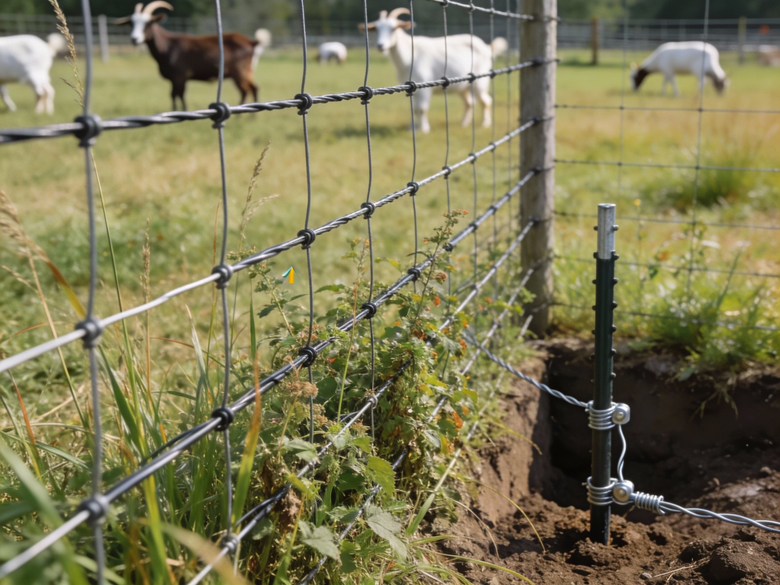 High-density multi-wire electric fence system with vegetation load, showing grounding requirements for multi-species containment