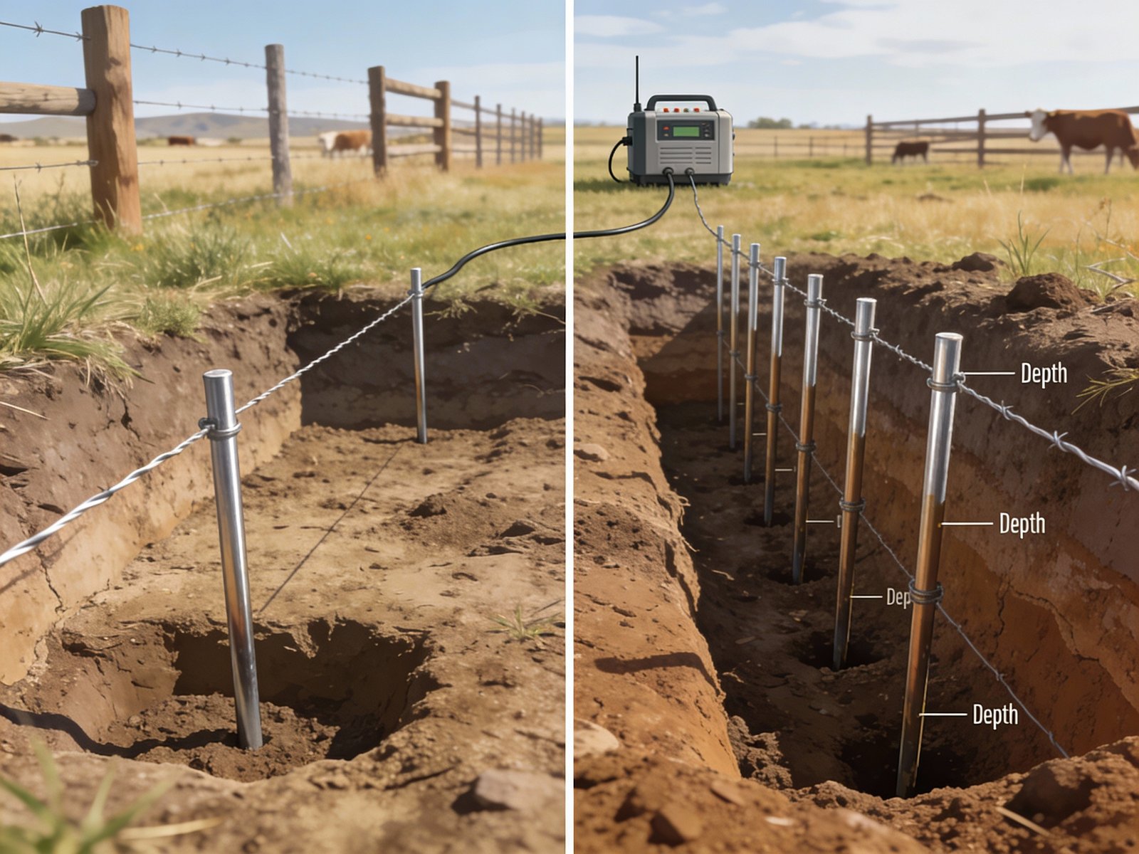 Proper grounding system with multiple ground rods spaced apart and driven deep into soil