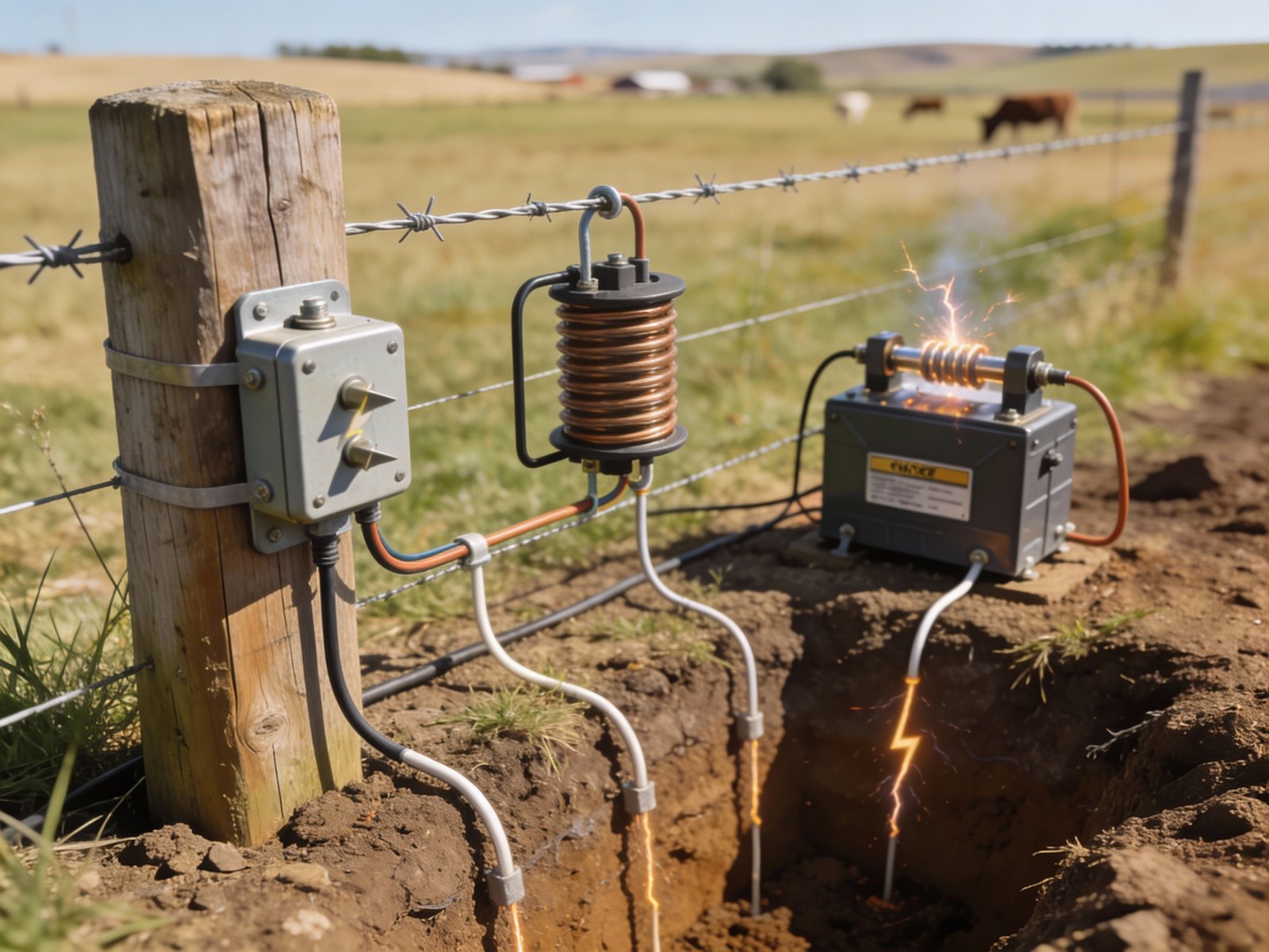 Electric fence lightning protection components showing lightning arrester, choke coil, and spark gap installation positions relative to energizer and fence line