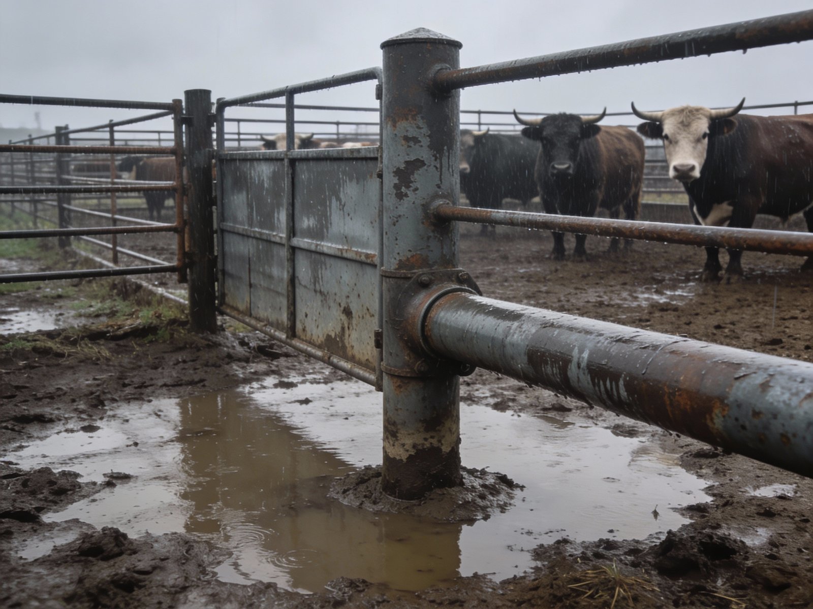 Bull pen fencing under harsh weather and muddy conditions