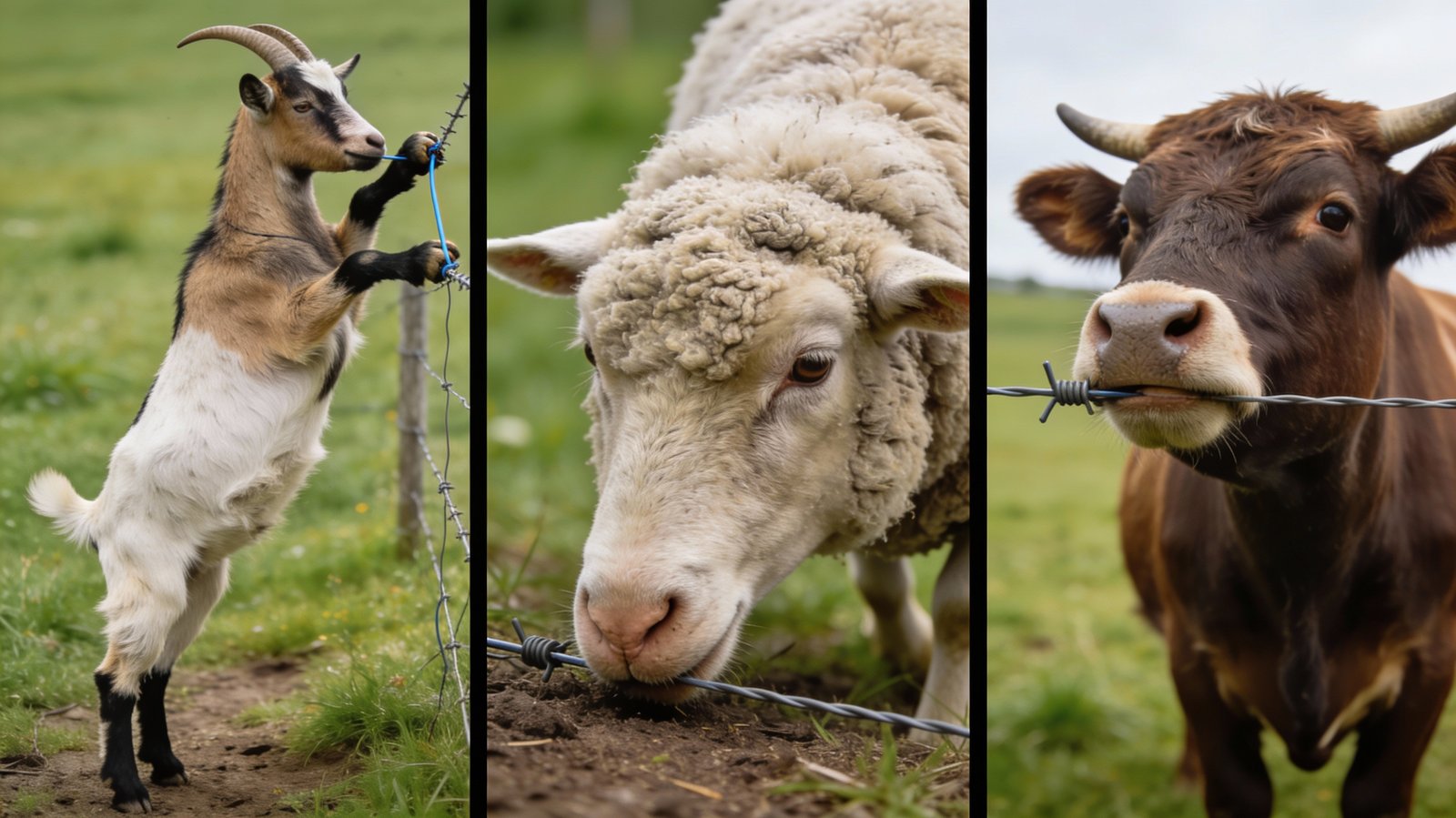Different animal behaviors when encountering electric fences: goats testing, sheep approaching with wool insulation, cattle respecting boundaries
