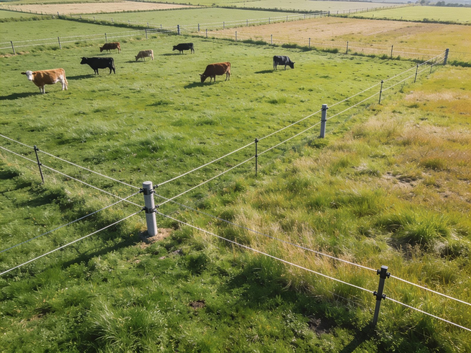Rotational grazing system using electric fencing for cattle with multiple paddocks