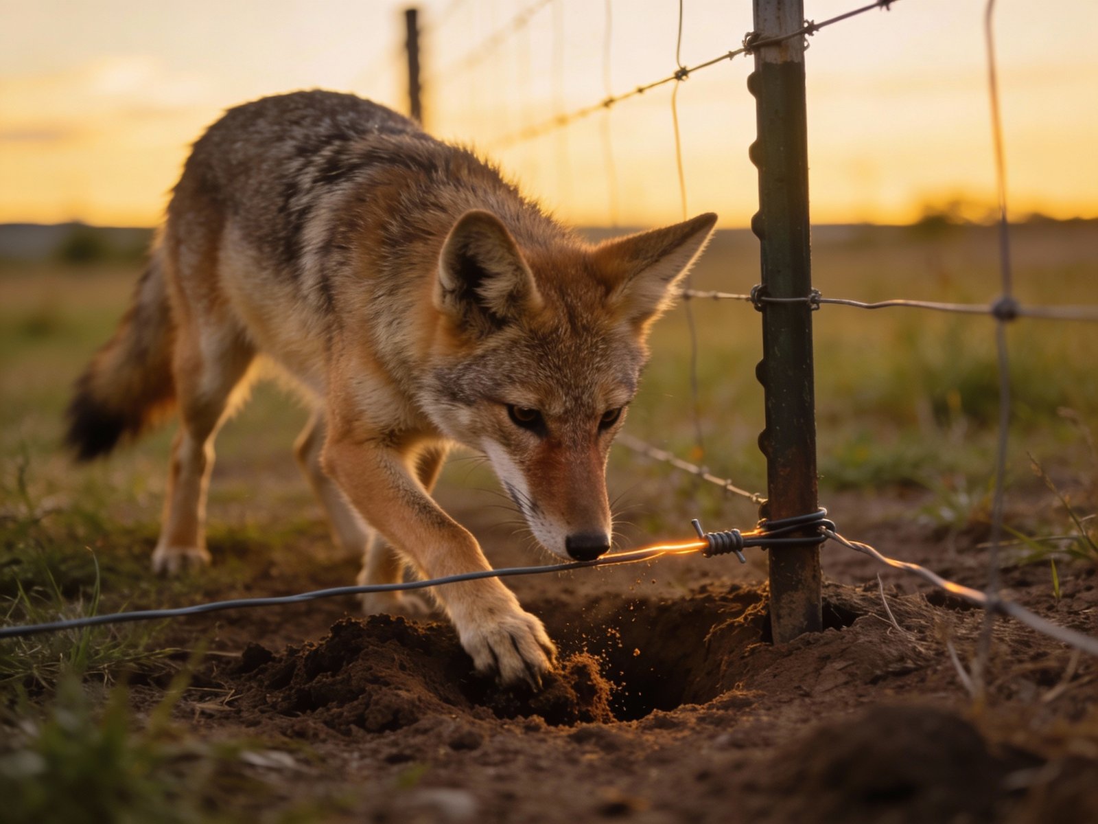 Predator attempting to dig under fence, demonstrating why bottom wire placement is critical