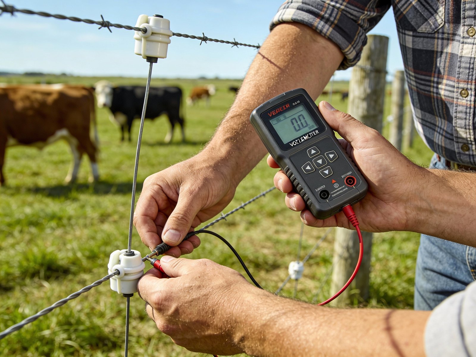 Testing electric fence voltage for cattle using digital voltmeter