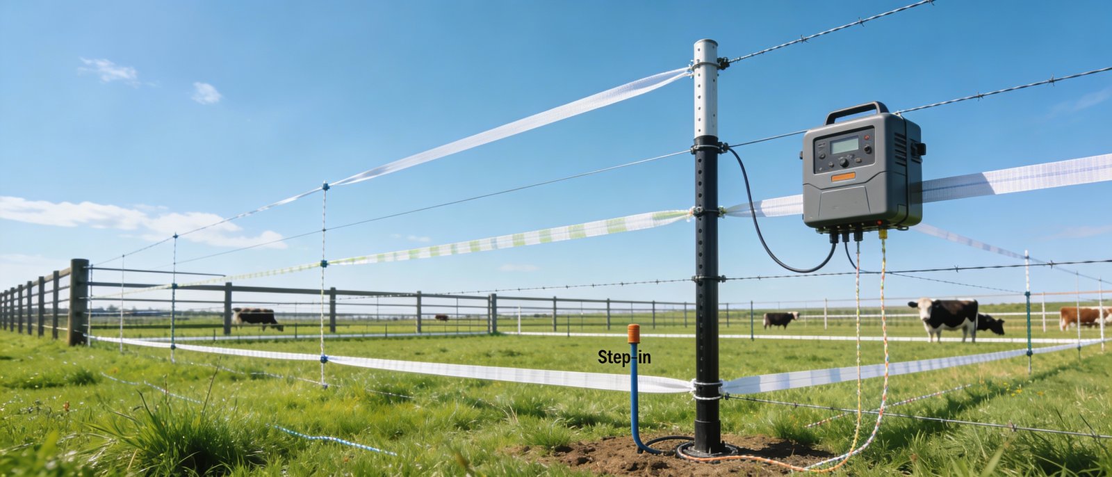 Complete electric cattle fencing setup using poly wire and poly tape showing temporary internal paddocks inside permanent perimeter fence