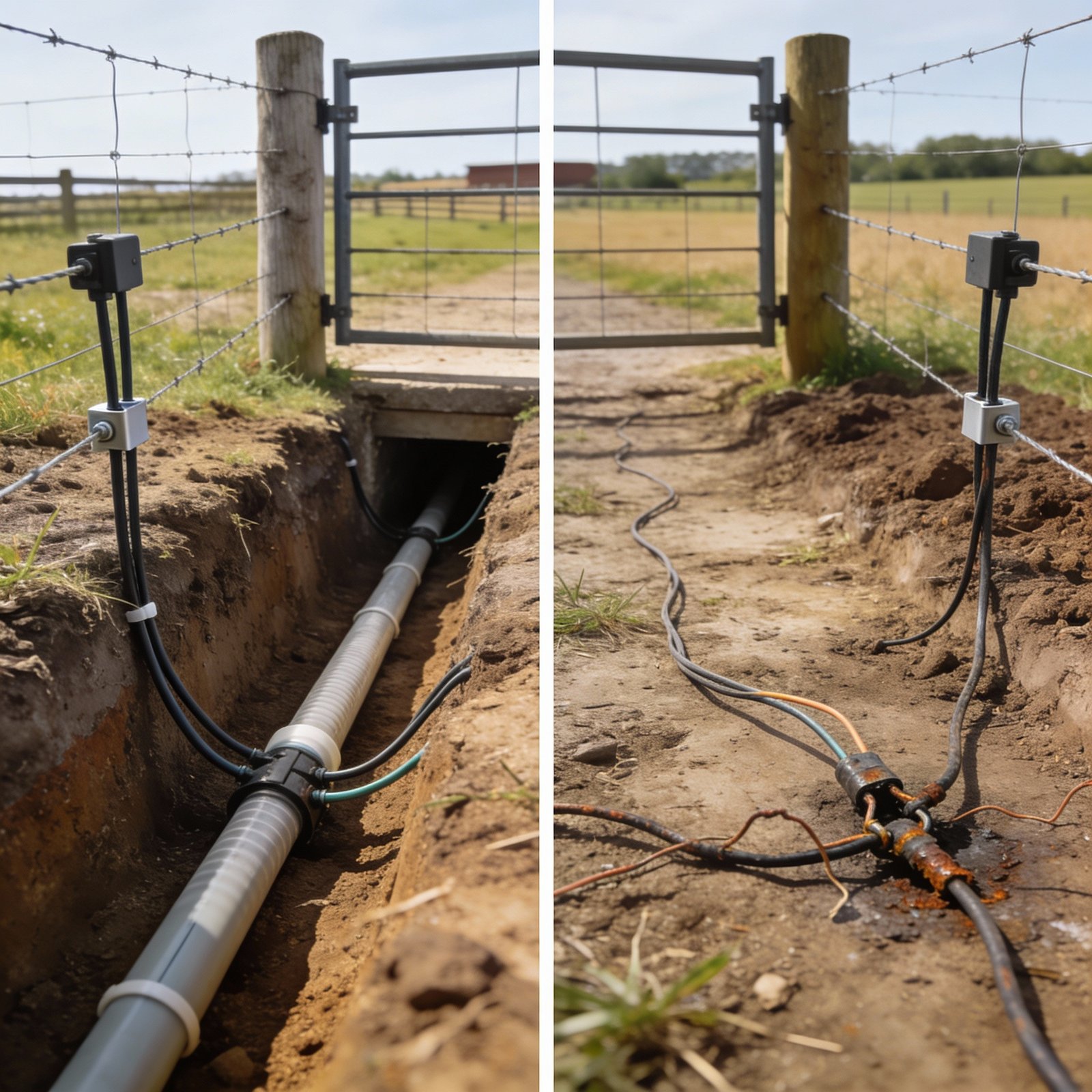 Correct versus incorrect underground cable installation for electric fence gates