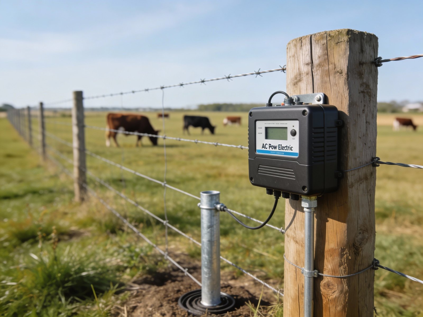 Cattle ranch electric fencing system showing AC energizer mounted on wall, high-tensile perimeter fence, grounding rods, and cattle grazing in background