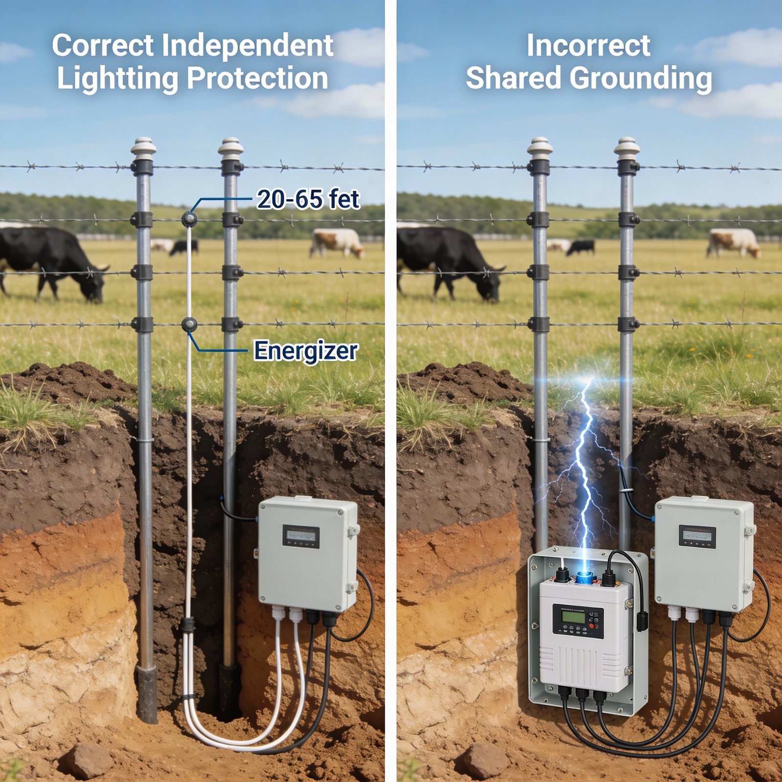 Side-by-side comparison showing correct independent lightning grounding separated from energizer ground versus incorrect shared grounding that allows surge energy to enter energizer